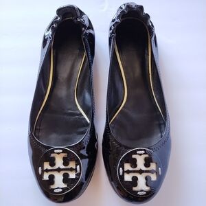 Tory Burch Reva Ballet Slip-On Flats Black Contrast Patent Leather Size 8